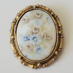 Vintage Hand Painted Roses Porcelain Brooch Pin Oval‎ Pendant Cottage Feminine